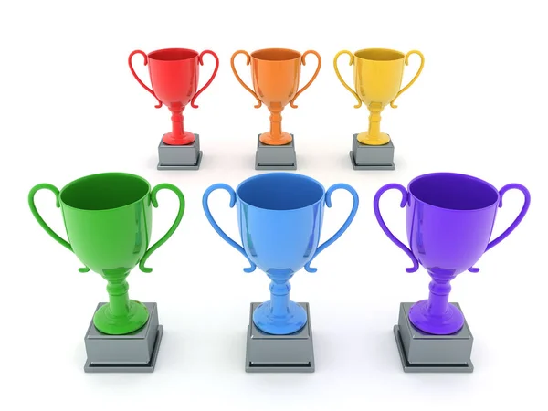 Representación 3D de múltiples copas de trofeos de colores — Foto de Stock