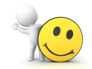 3d Karakter sarı gülümseme emoji arkasında gizleme