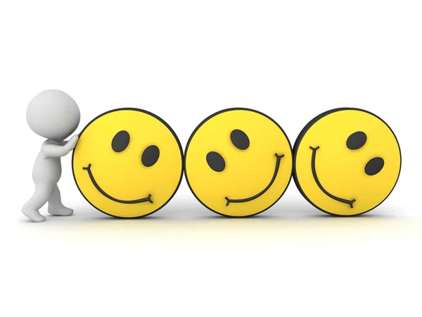 3D charakter toczenia trzy żółte emotikony uśmiech — Zdjęcie stockowe