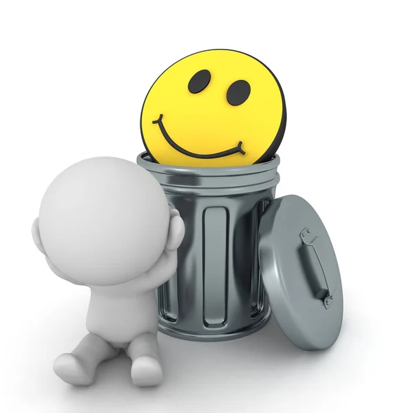 3D-personage wordt gestrest naast de Prullenbak met Smile Emoji in i — Stockfoto
