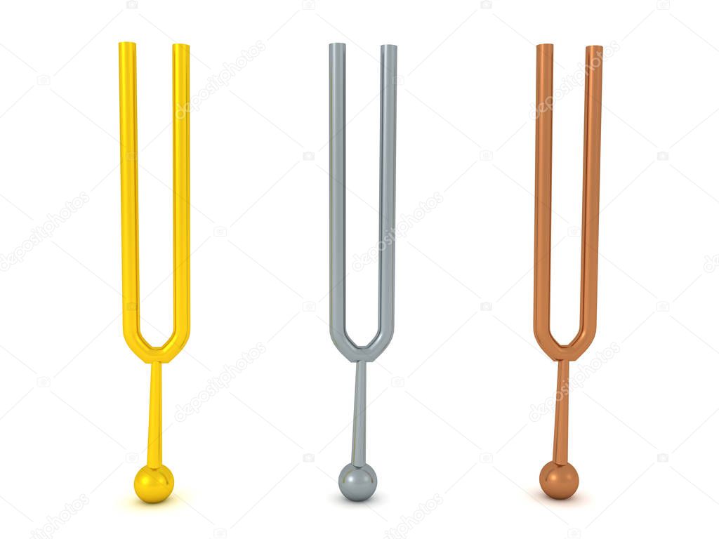 3D Rendering of gold silver and bronze tunning forks
