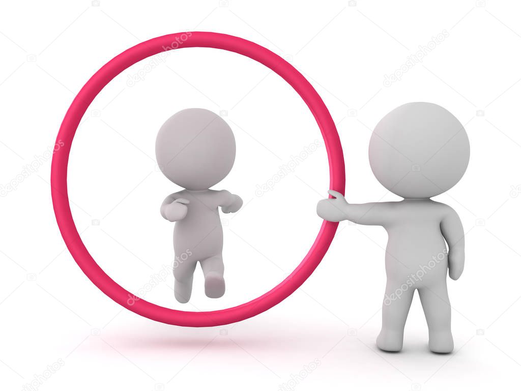 3D Character trying to jump through big red circle held by anoth