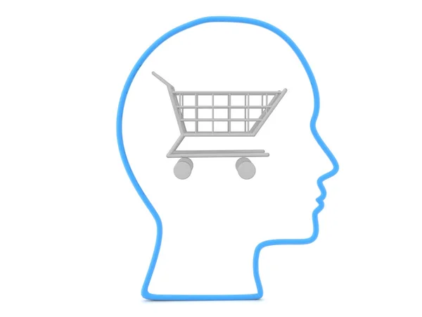 Desenho 3D da cabeça com carrinho de compras de prata dentro — Fotografia de Stock