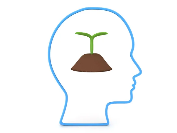 3D Esboço da cabeça com plântulas de plantas crescendo no solo — Fotografia de Stock