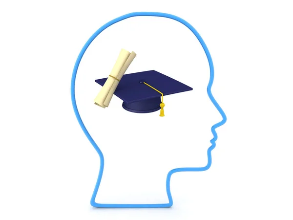 Esquema 3D de la cabeza con diploma y sombrero de graduación en el interior —  Fotos de Stock