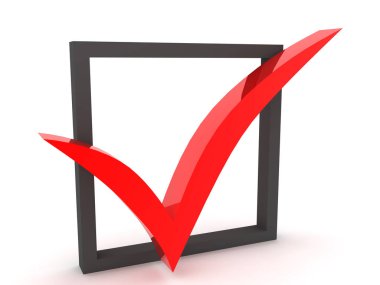 Kırmızı onay işareti ve kutunun 3d görüntülemi