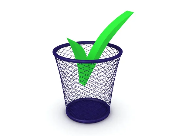 3d 在垃圾桶中渲染绿色复选标记 — 图库照片