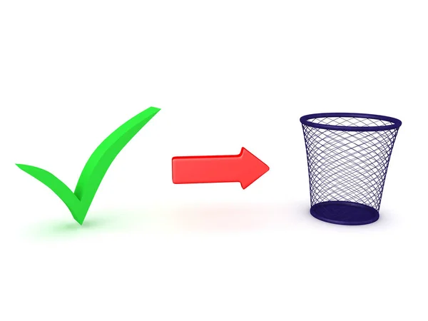 Representación en 3D de la marca de verificación verde junto a la flecha roja hacia los residuos —  Fotos de Stock