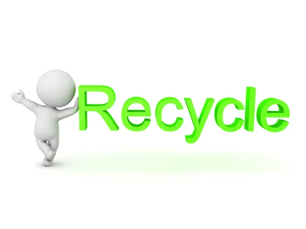 Personagem 3D inclinado em texto reciclar verde — Fotografia de Stock