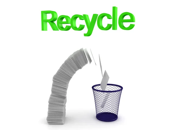 ゴミ箱に落ちる紙のスタックの上の3Dリサイクルテキスト — ストック写真