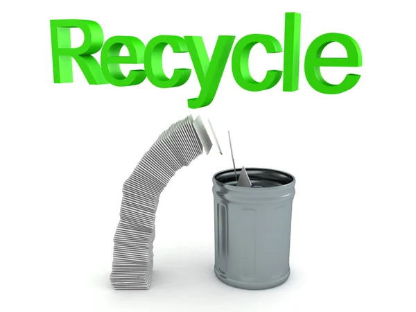 3D-Recycling-Text über Papierstapel fällt in Mülleimer — Stockfoto