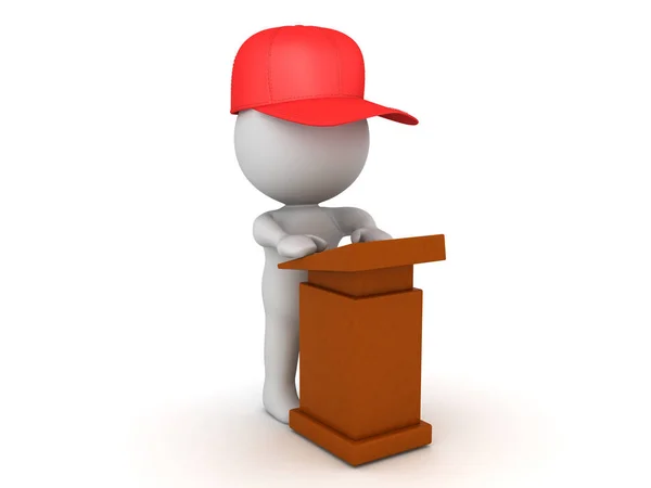 Personagem 3D vestindo boné de beisebol vermelho falando em um lectern — Fotografia de Stock