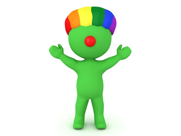 3D Счастливый зеленый клоун с радужным париком и красным носом — стоковое фото