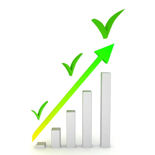 3D Rendering of upward column chart with green checkmarks above — Stock Photo, Image