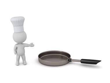 3d Karakter Chef Hat bir Kızartma Tava gösteren