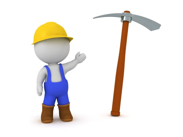3D Character in Overalls with Pickaxe — Stock Photo, Image