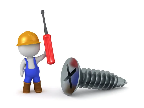 3D Character in Worker Overalls with Screwdriver and a Large Scr — Stock Photo, Image