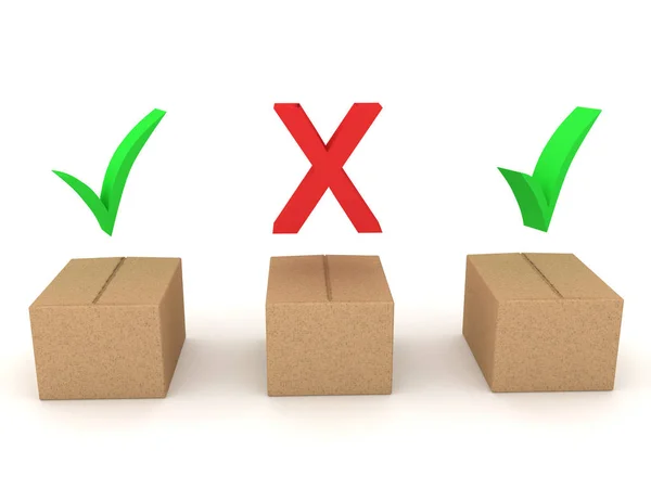 Three 3D Boxes, two have green checkmarks, another has red x abo — Stock Photo, Image