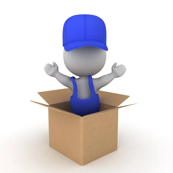 3D delivery man staande binnen kartonnen doos — Stockfoto