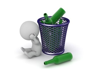 Çöp kovası ve bira şişeleriyle 3 boyutlu üzgün karakter