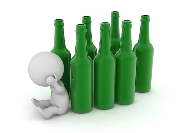 Stressed 3D Character with Many Green Bottles — Stock Photo, Image