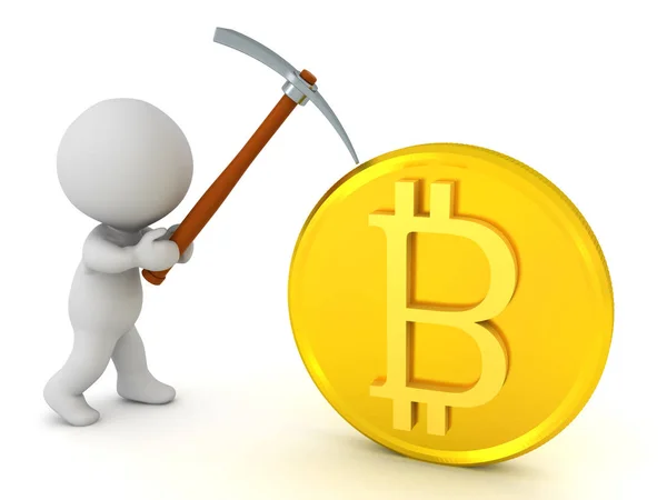 3D Character with pickaxe mining bitcoin — Stock Photo, Image