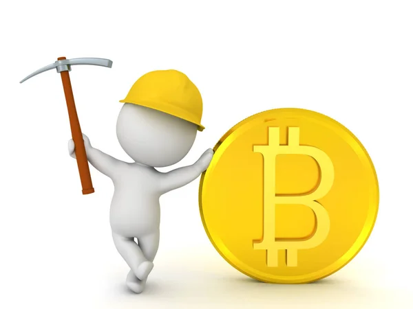 3D Miner leaning on bitcoin — Stock Photo, Image