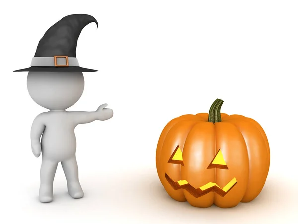 Personagem 3D usando chapéu de bruxa e mostrando jack o latern abóbora — Fotografia de Stock