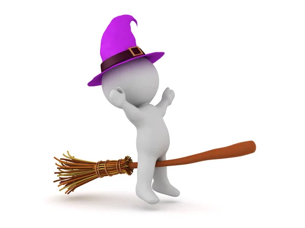 3D Character Riding a Witch Broom — Stockfoto