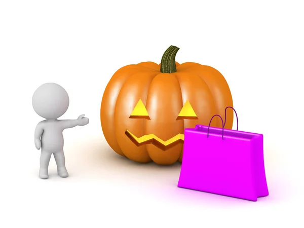 Personagem 3D com uma abóbora de Halloween e um saco de presente — Fotografia de Stock