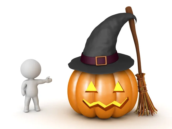Personagem 3D mostrando objetos temáticos halloween — Fotografia de Stock