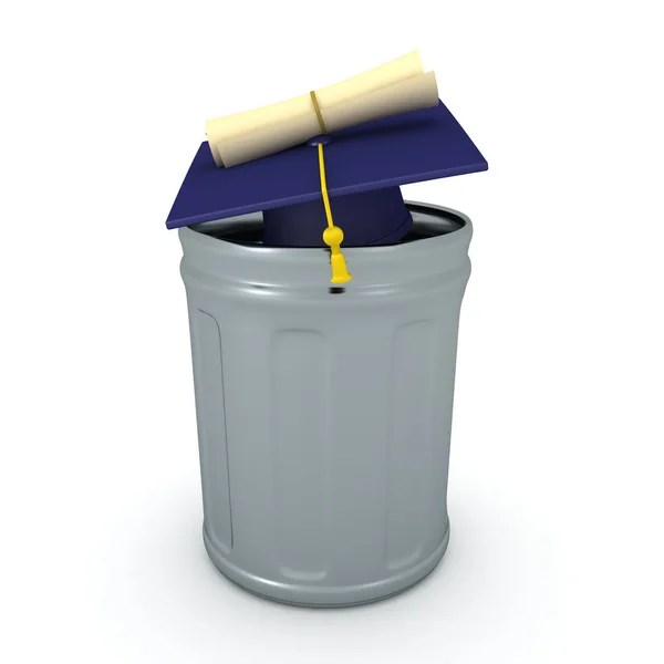 3d Vykreslení diplomu a absolventského klobouku v popelnici — Stock fotografie