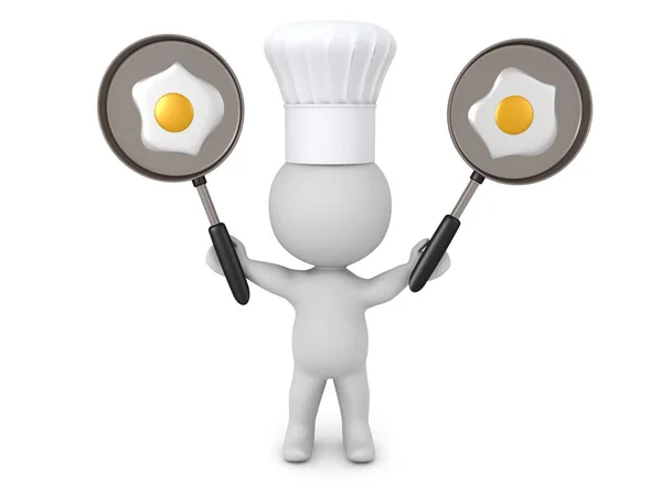 3D Chef holding up two pans with fried egg — Stock Photo, Image