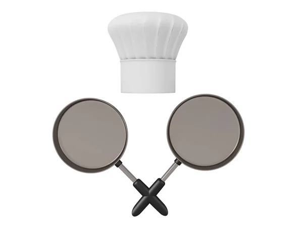 Representación 3D de sombrero de chef y dos sartenes cruzadas — Foto de Stock