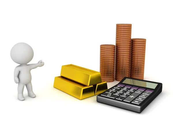 Personaje 3D mostrando dinero y objetos relacionados con finanzas — Foto de Stock