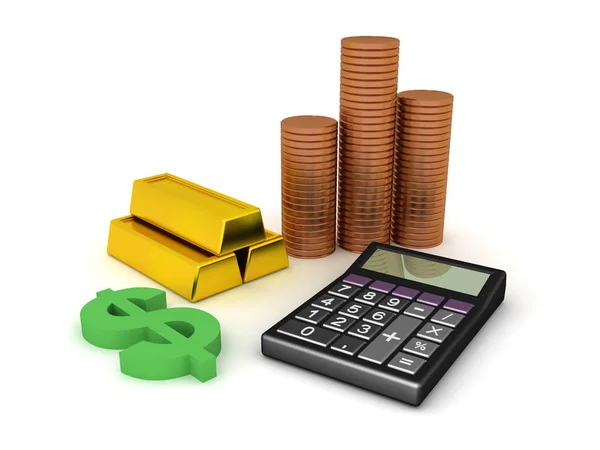 3D Rendering of cash, coins, gold bars and calculator — Stock Photo, Image