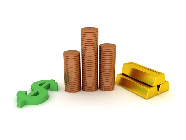 3d Aranyrudak, érmék és dollár szimbólumok értékesítése — Stock Fotó