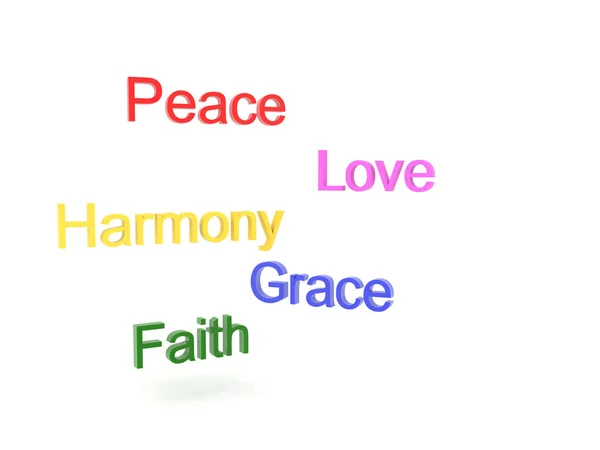 3d Teksten die vrede, liefde, harmonie, genade en geloof zeggen — Stockfoto