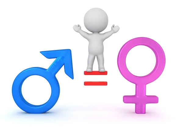 3D рендеринг знака гендерного равенства с характером, стоящим на — стоковое фото