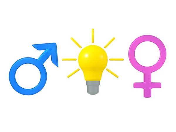 3d使用灯泡渲染男性和女性的性别符号 图库照片