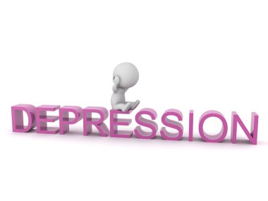 3D Stresli karakter metin üzerinde oturmuş depresyon diyor