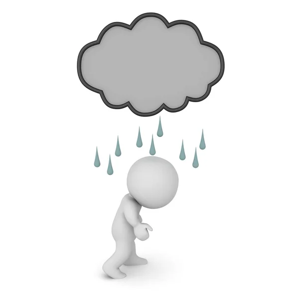 3D Депрессивный персонаж с темным облаком дождя над собой — стоковое фото