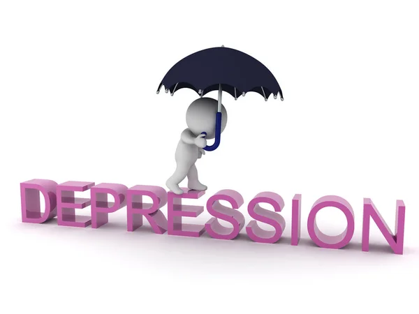 3d karakter met paraplu lopen op tekst zeggen Depressief — Stockfoto