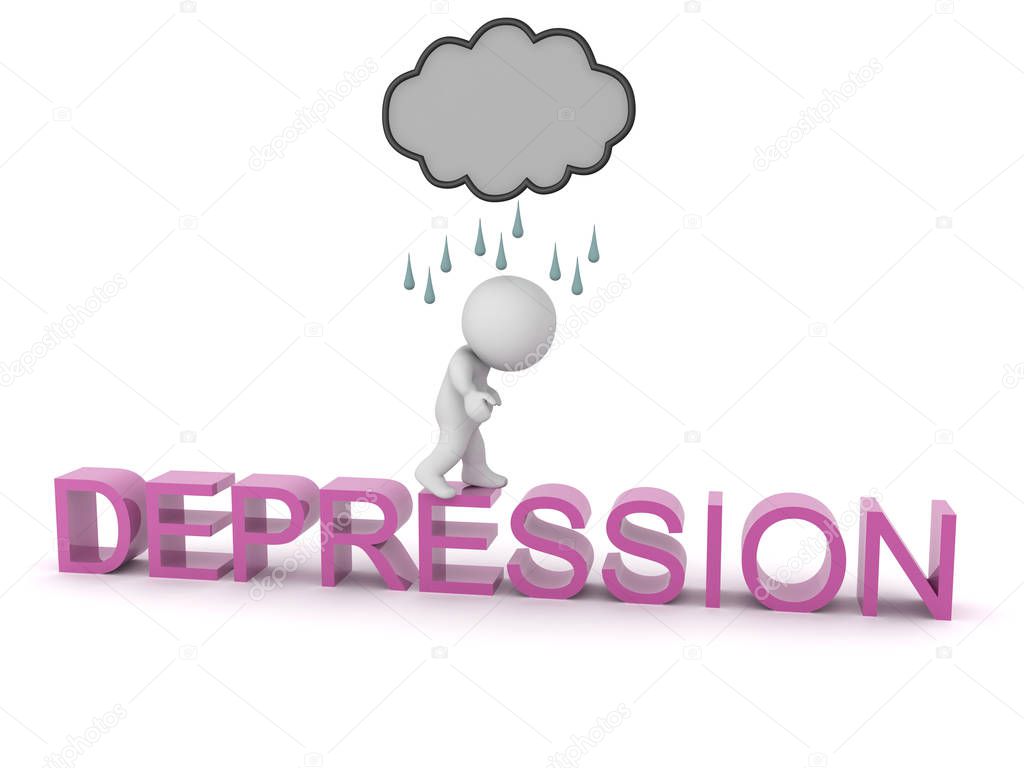 3D Character with rain cloud above walking on text saying depres