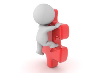 3D Karakter büyük kırmızı yapboz parçasına tırmanıyor