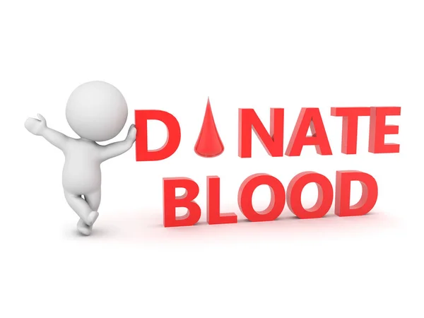 3D Character leaning on text saying donate blood — Stock Photo, Image