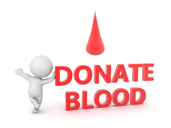 3D-персонаж і червоний текст говорять про пожертвування крові краплями крові — стокове фото