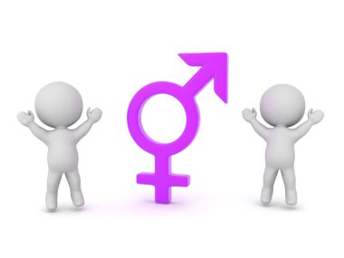 3D Karakterler transseksüel sembolünün yanında mutlu bir şekilde zıplıyorlar.