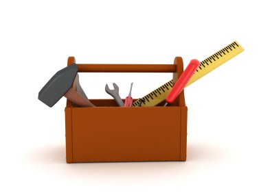 Araç kutusunun araçlarla üç boyutlu görüntülenmesi. 3B görüntüleme beyaz üzerine izole edildi.