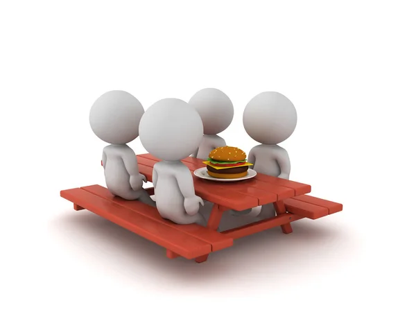 ピクニックベンチでハンバーガーを食べる3Dキャラクター 白で隔離された3Dレンダリング — ストック写真